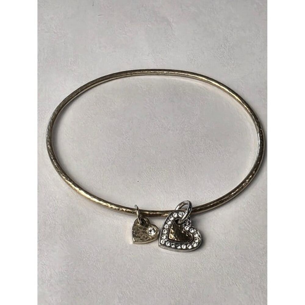 Brighton Hammered Gold Bangle Bracelet with Rhinestone Heart Charms Mixed Metal
